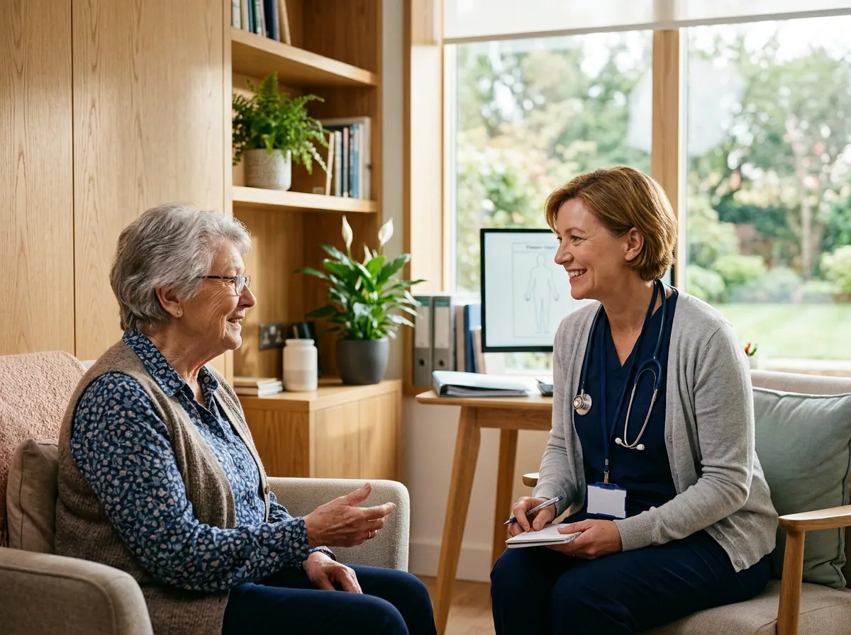 A Middletown Medical physician warmly listening and consulting with an elderly patient in a modern, welcoming clinic.