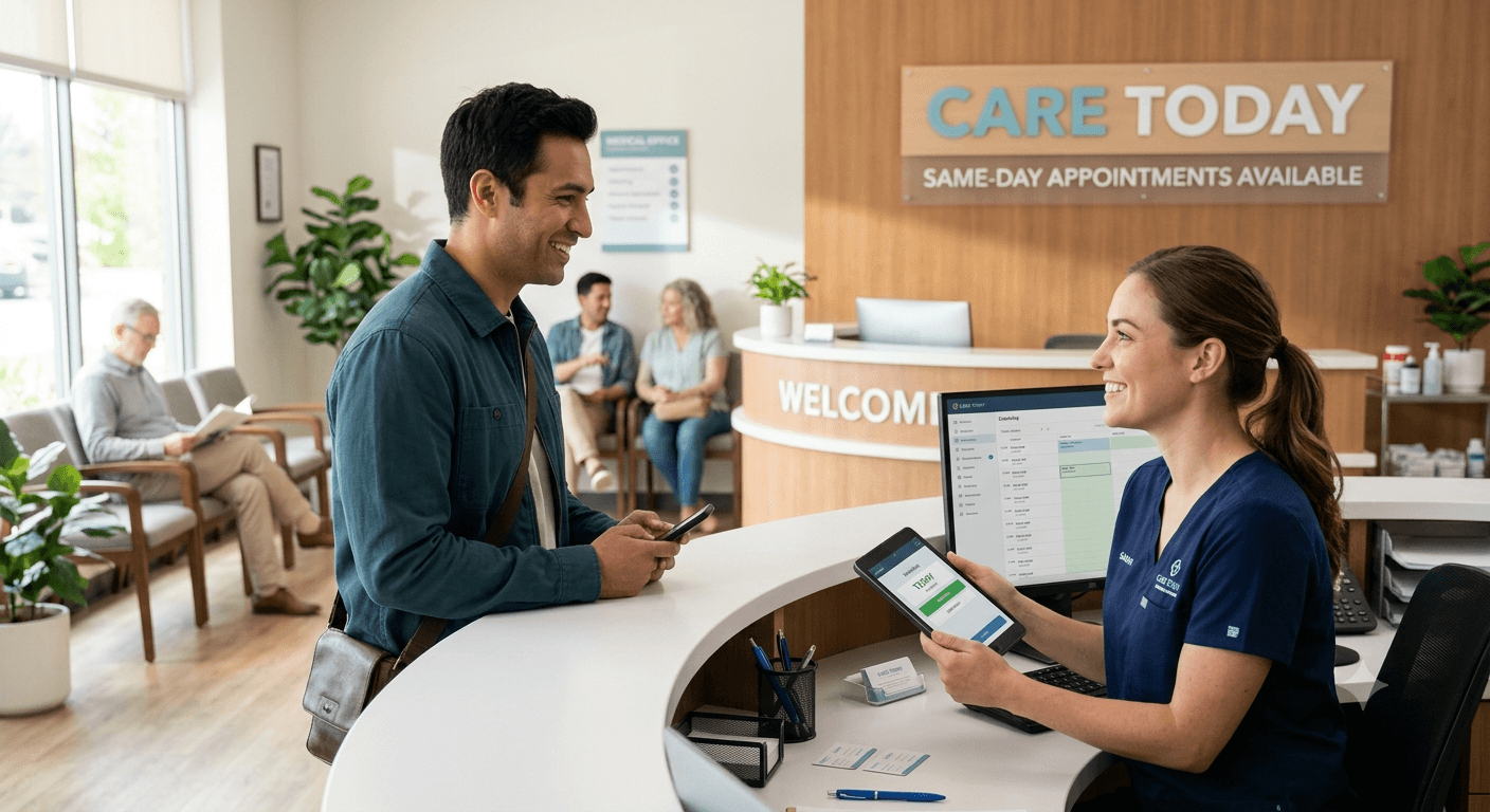 A smiling Middletown Medical physician with a tablet talking with an older patient during a same-day visit.
