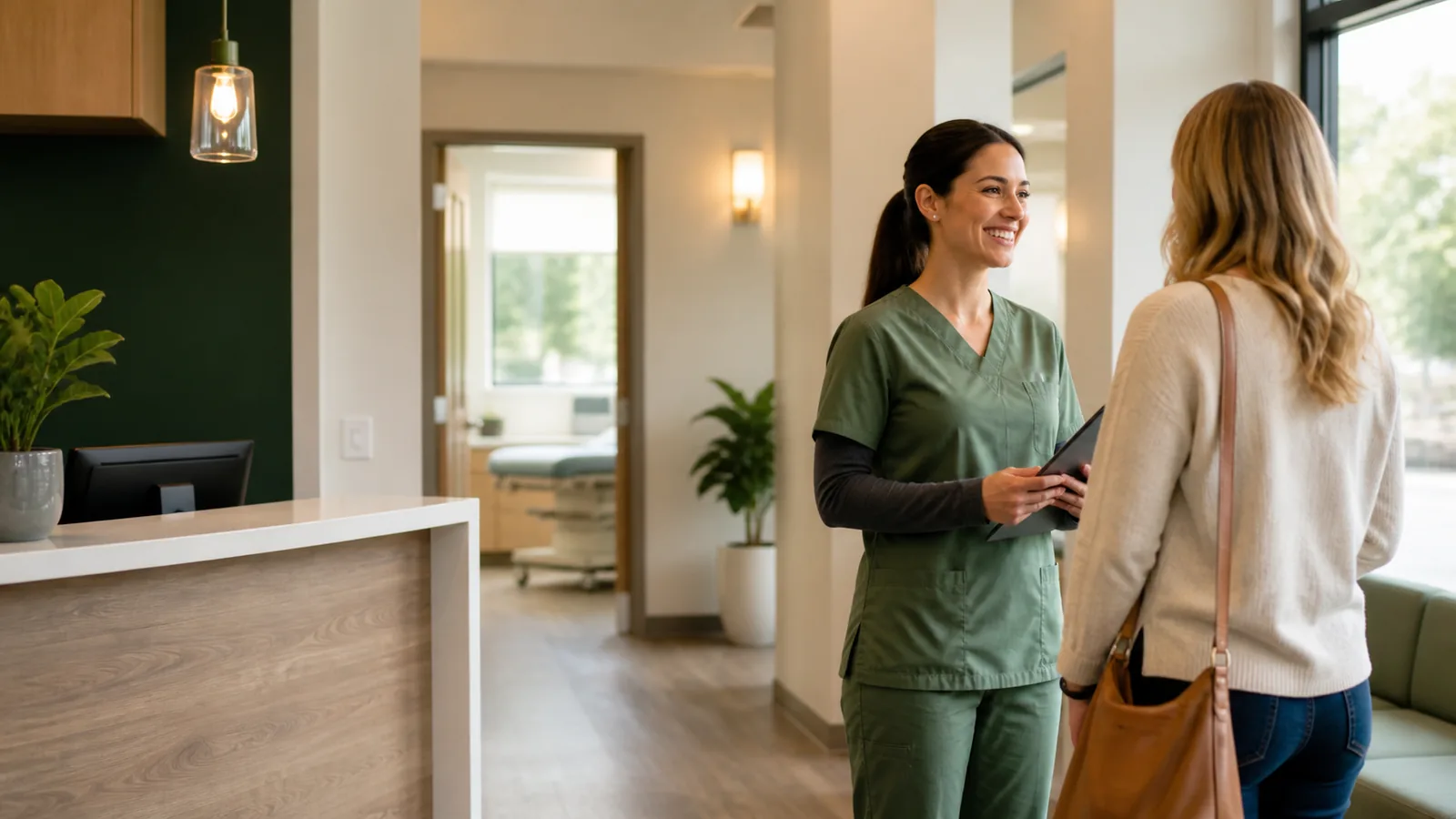 A Care Today clinician welcoming a patient in a bright same-day care clinic.