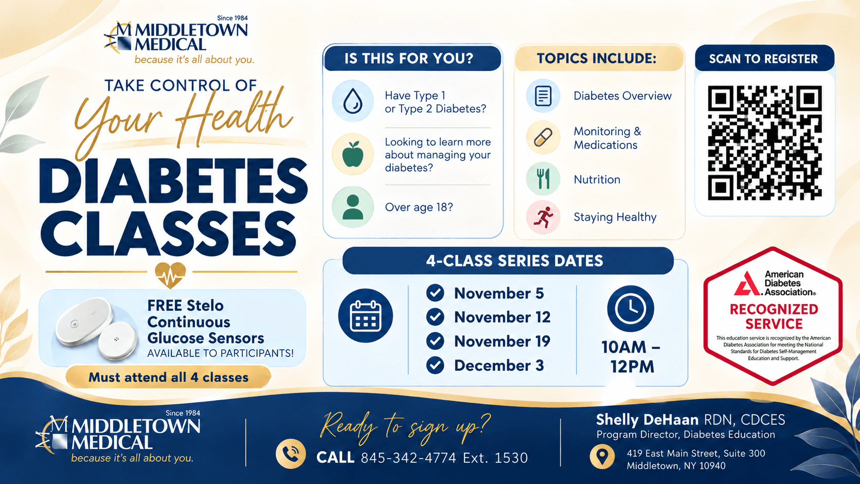 Diabetes classes: a free four-class series on October 9, 16, 23 and 30, 10am to 12pm, for adults with type 1 or type 2 diabetes. Topics include diabetes overview, monitoring and medications, nutrition and staying healthy. Free Stelo continuous glucose sensors for participants who attend all four classes. American Diabetes Association recognized service. To sign up call 845-342-4774 ext. 1530. Program director Shelly DeHaan, RDN, CDCES, 419 East Main Street, Suite 300, Middletown, NY 10940.