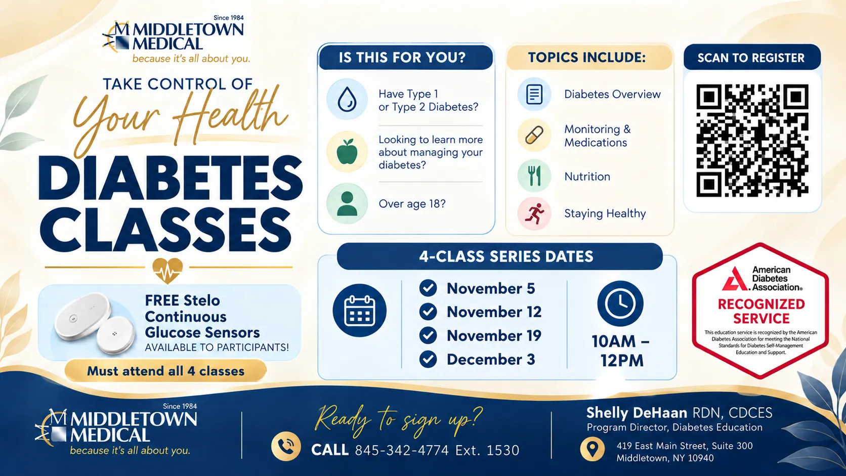 Diabetes classes: a free four-class series on October 9, 16, 23 and 30, 10am to 12pm, for adults with type 1 or type 2 diabetes. Topics include diabetes overview, monitoring and medications, nutrition and staying healthy. Free Stelo continuous glucose sensors for participants who attend all four classes. American Diabetes Association recognized service. To sign up call 845-342-4774 ext. 1530. Program director Shelly DeHaan, RDN, CDCES, 419 East Main Street, Suite 300, Middletown, NY 10940.