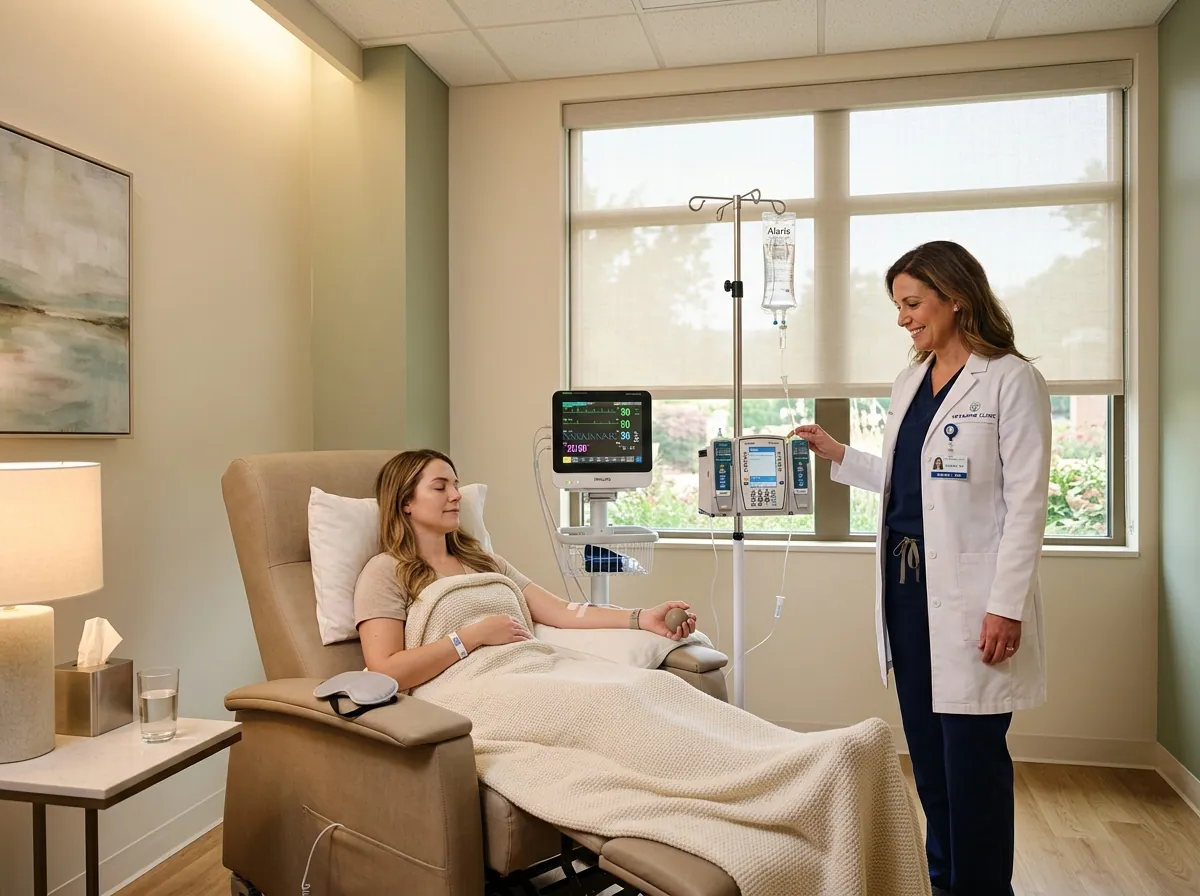 A clinician monitoring a patient resting comfortably in a quiet, modern therapeutic ketamine clinic suite.
