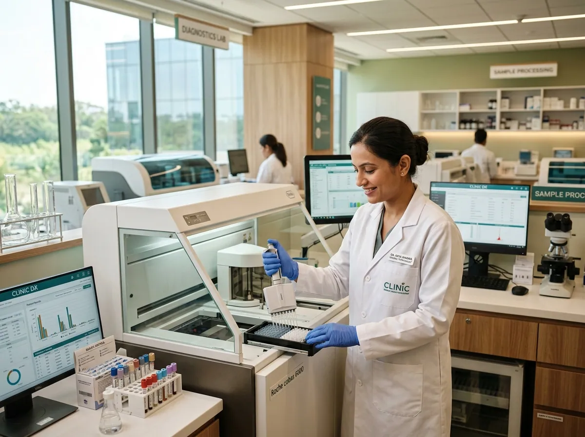 Medical laboratory technologist analyzing samples with modern diagnostic instruments at Middletown Medical.