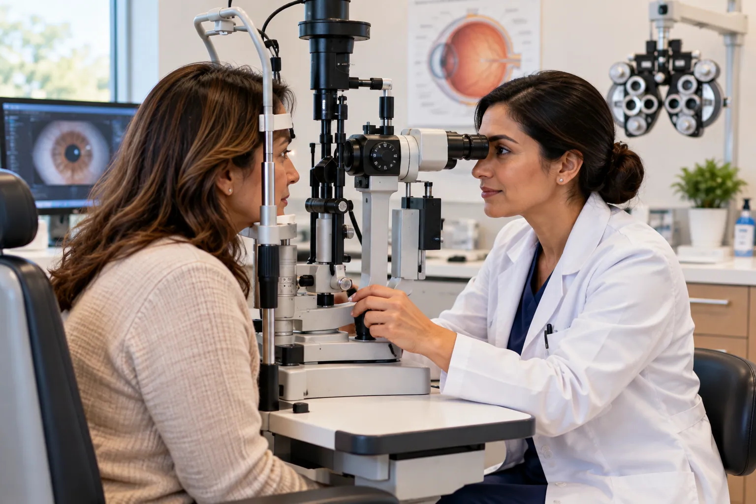 A Middletown Medical eye care clinician examining a patient's eyes with a slit lamp.