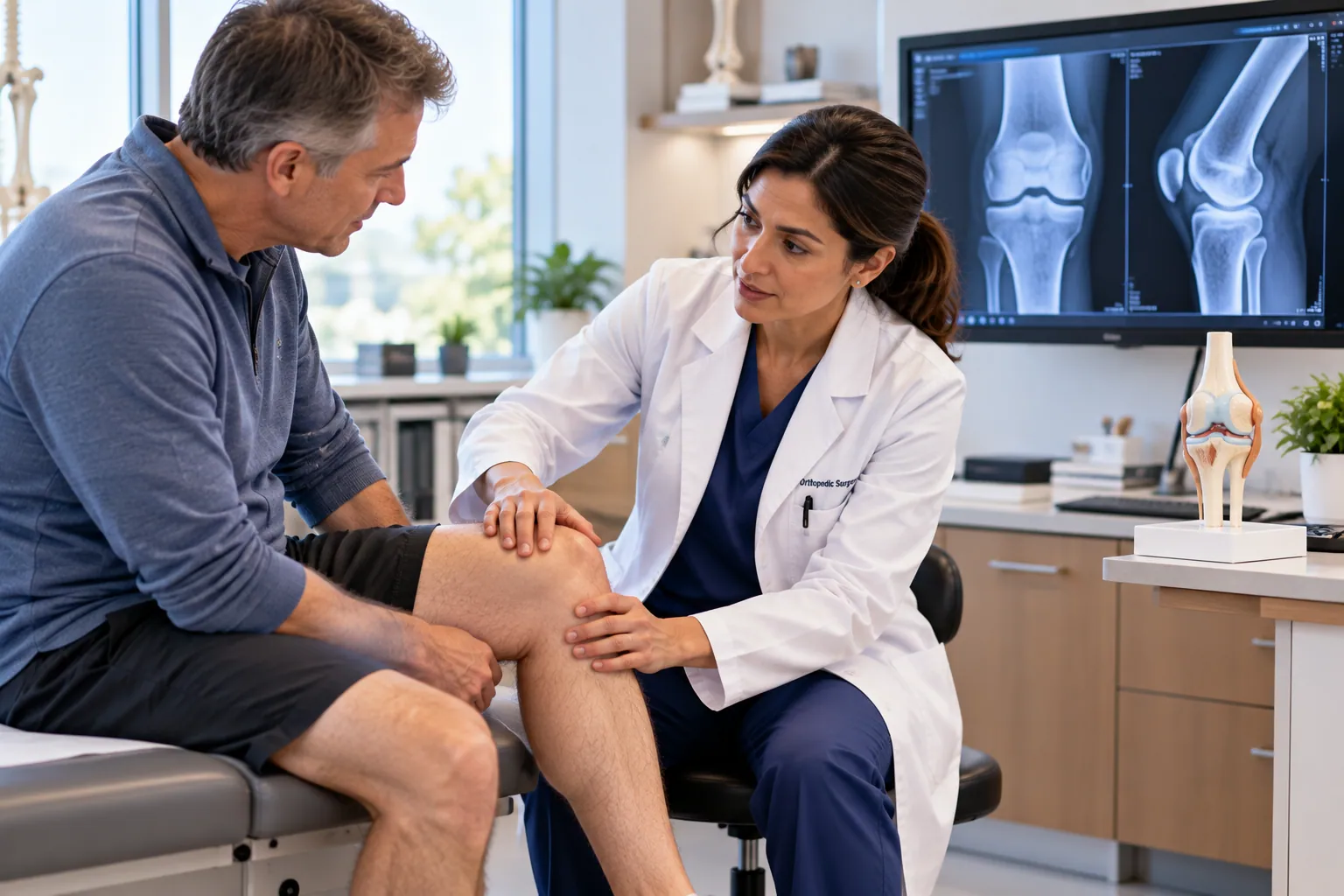 An orthopedic surgeon reviewing a joint X-ray with a patient at Middletown Medical.