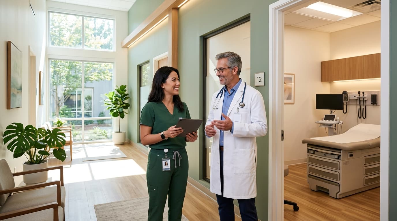 A smiling Middletown Medical physician holding a stethoscope while talking with a patient in a bright exam room.