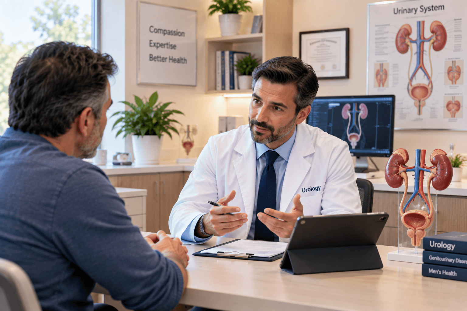 A urologist consulting with a patient in a private office at Middletown Medical.